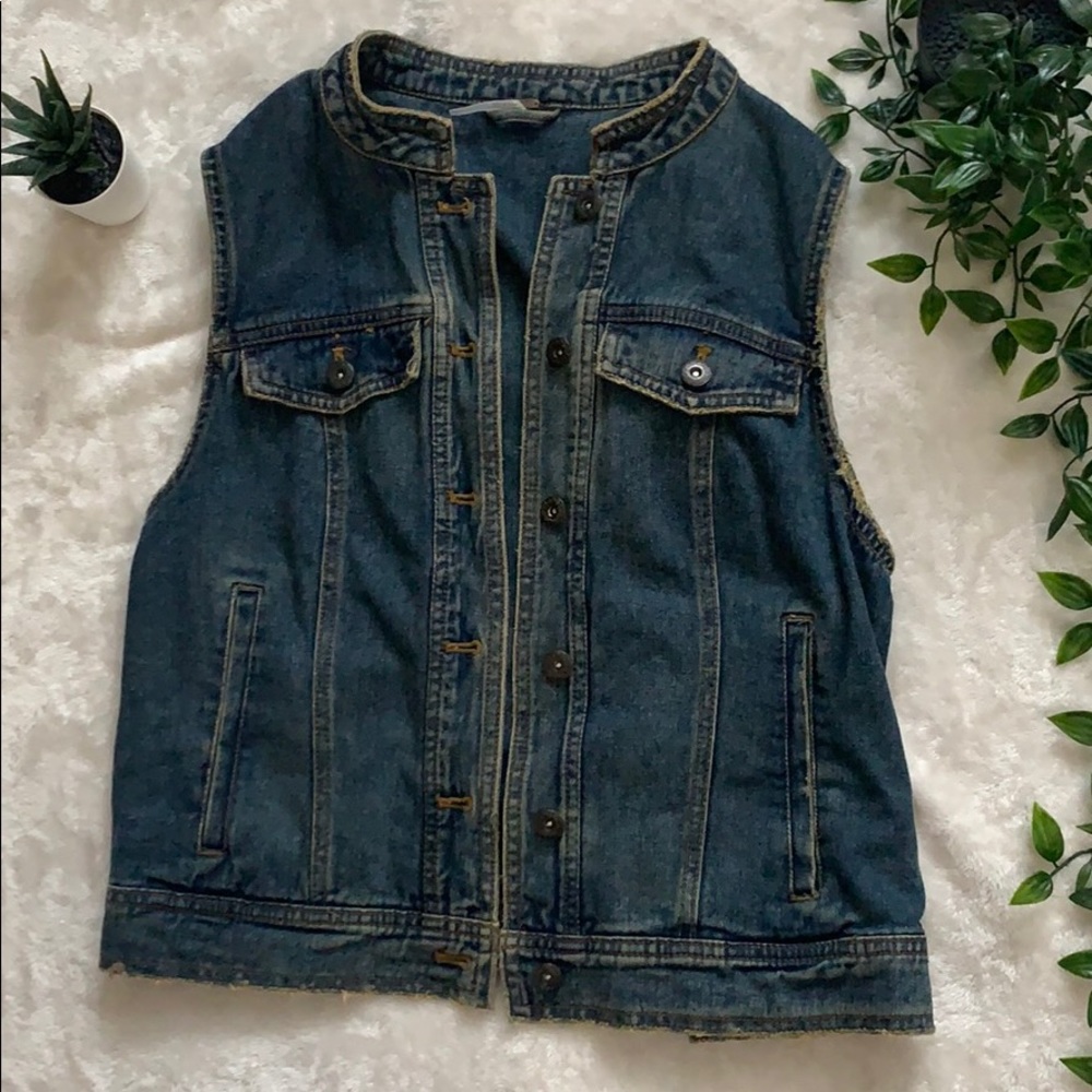 Free People denim vest with cross lace back detail